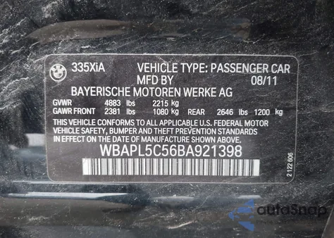 2011 BMW 335 Xi из США, поврежденный, VIN WBAPL5C56BA921398